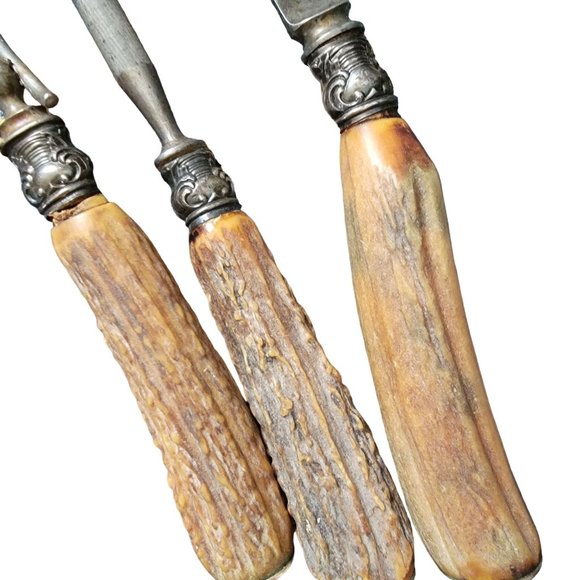 Vintage Our Very Best Antler Handle Knife Carving Set of 3 - Picture 2 of 5